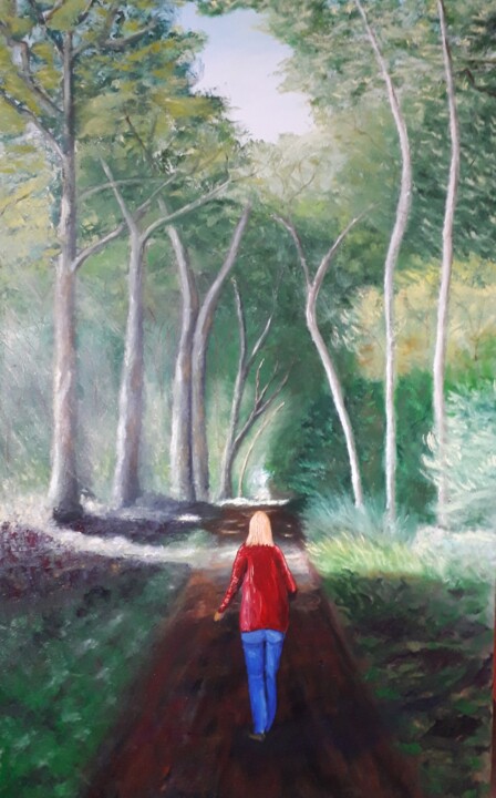 Painting titled "promenade forestière" by Philippe Lavigogne, Original Artwork, Oil Mounted on Wood Stretcher frame