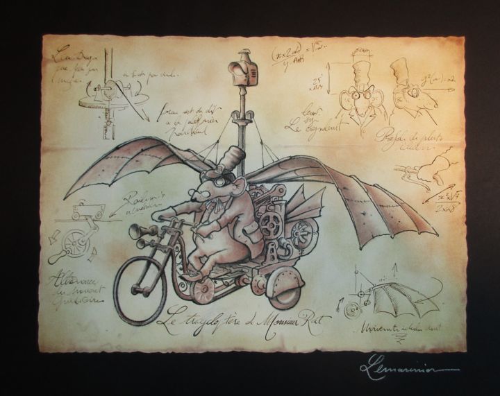 Disegno intitolato "Le tricycloptère de…" da Philippe Lemarinier, Opera d'arte originale, Inchiostro
