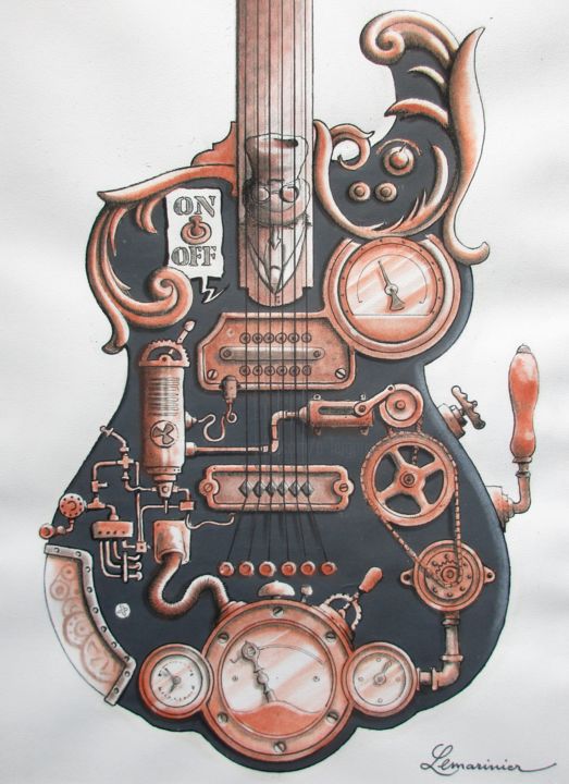 Dessin intitulée "Guitare steampunk" par Philippe Lemarinier, Œuvre d'art originale, Autre