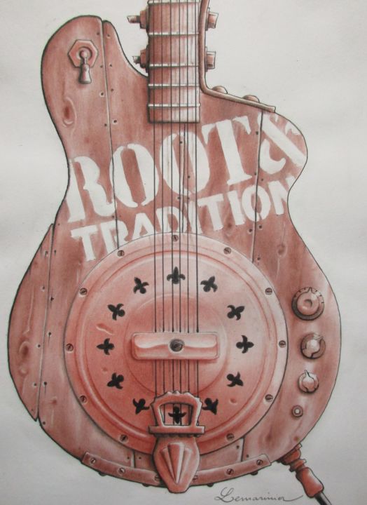 Drawing titled "steel guitare" by Philippe Lemarinier, Original Artwork, Pastel