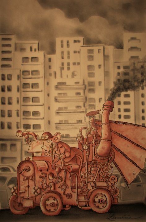 Drawing titled "La vapomobile de mo…" by Philippe Lemarinier, Original Artwork, Pastel Mounted on Wood Panel