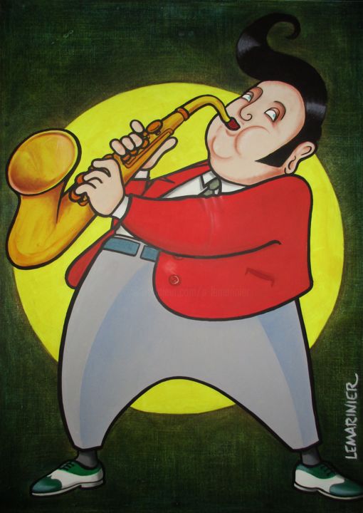 Malerei mit dem Titel "Le saxophoniste gau…" von Philippe Lemarinier, Original-Kunstwerk, Acryl