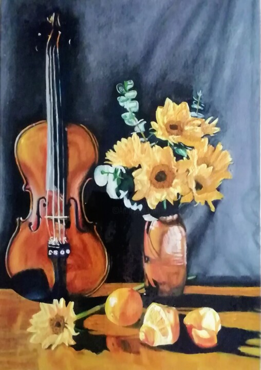 Painting titled ""Le violon"" by Philippe Lemesle, Original Artwork, Oil