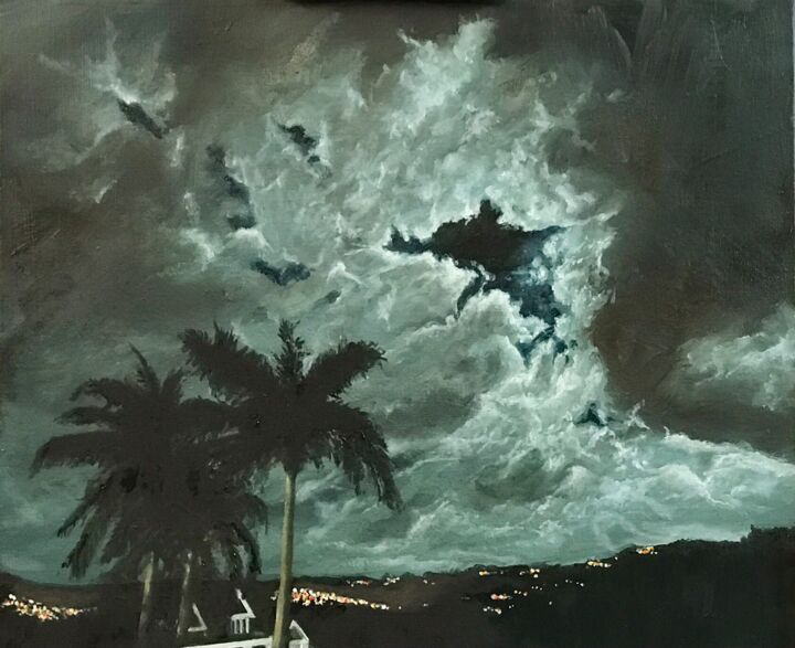 Malarstwo zatytułowany „Caribbean Moonlight” autorstwa Philippe Manson, Oryginalna praca, Olej Zamontowany na Drewniana rama…