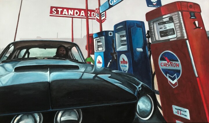 Painting titled "The gaz station" by Philippe Manson, Original Artwork, Acrylic Mounted on Wood Stretcher frame