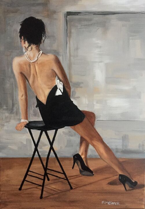Painting titled "Brune assise dos nu" by Philippe Metayer, Original Artwork, Acrylic