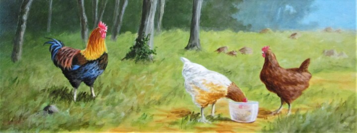Painting titled "Les poules au pot" by Philippe Mocaër, Original Artwork, Acrylic