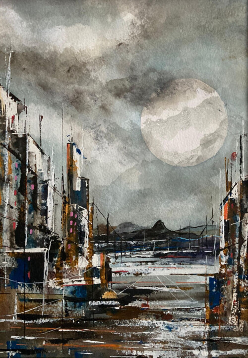 Painting titled "Cité au clair de lu…" by Philippe Paquet, Original Artwork, Watercolor