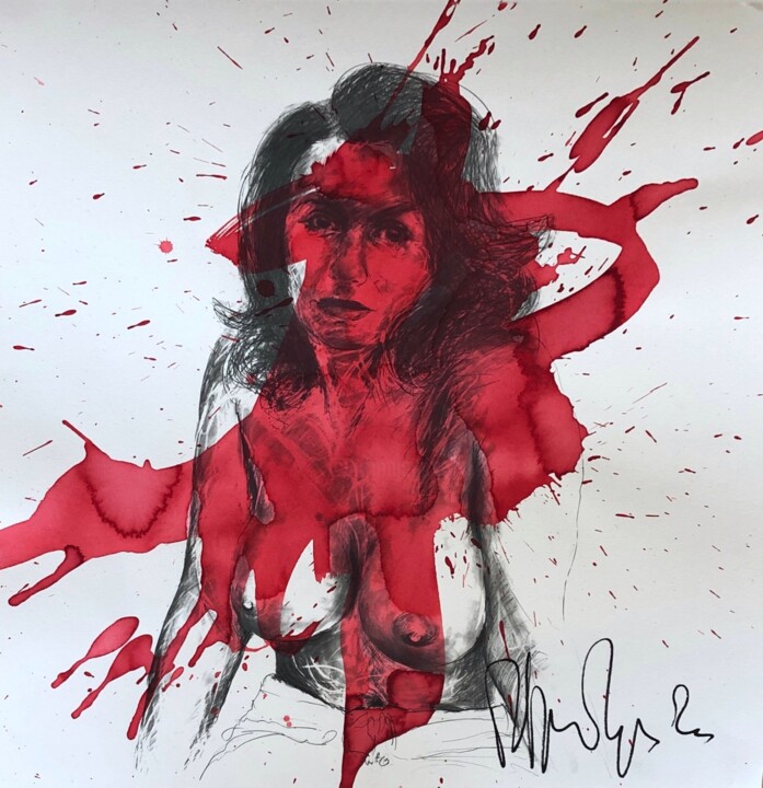 Painting titled "Buste femme rouge 1" by Philippe Pasqua, Original Artwork, Ink