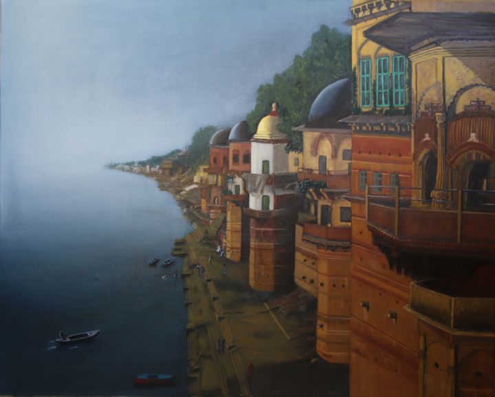 Painting titled "Benares" by Philippe Pochon, Original Artwork, Oil Mounted on Wood Stretcher frame