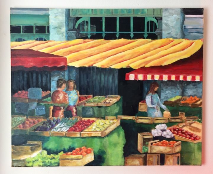 Painting titled "Marché de La Rochel…" by Philippe Racaud, Original Artwork, Acrylic Mounted on Wood Stretcher frame