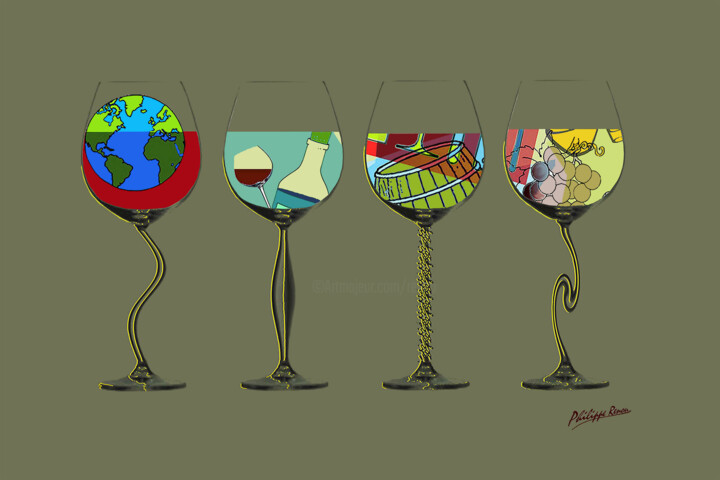 Digital Arts titled "Quatre verres et de…" by Philippe Renou, Original Artwork, Digital Collage
