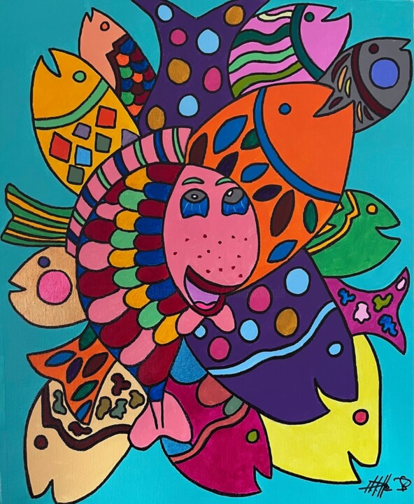 Painting titled "Fishy" by Philippe Seigle, Original Artwork, Acrylic Mounted on Wood Stretcher frame