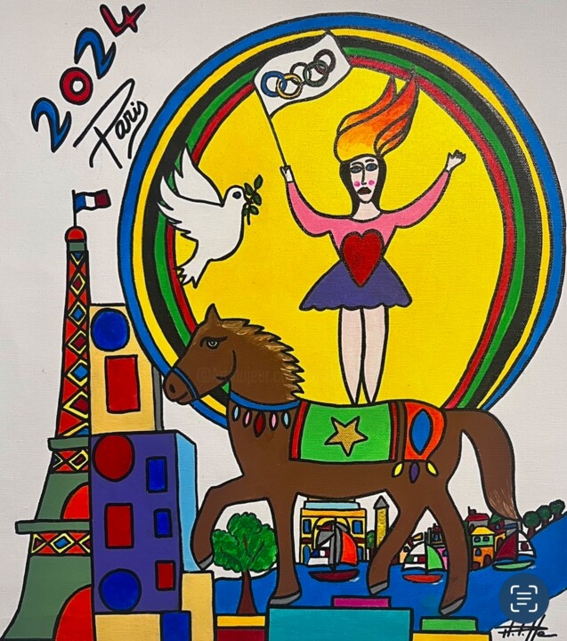 Painting titled "Les jeux de Paris" by Philippe Seigle, Original Artwork, Acrylic Mounted on Wood Stretcher frame