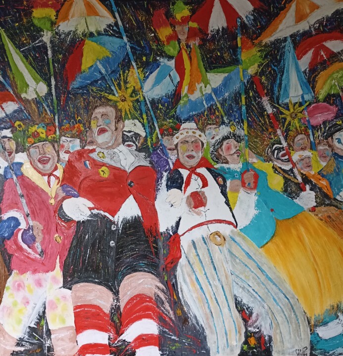 Painting titled "Carnaval à Dunkerque" by Philippe Walle, Original Artwork, Oil Mounted on Wood Stretcher frame