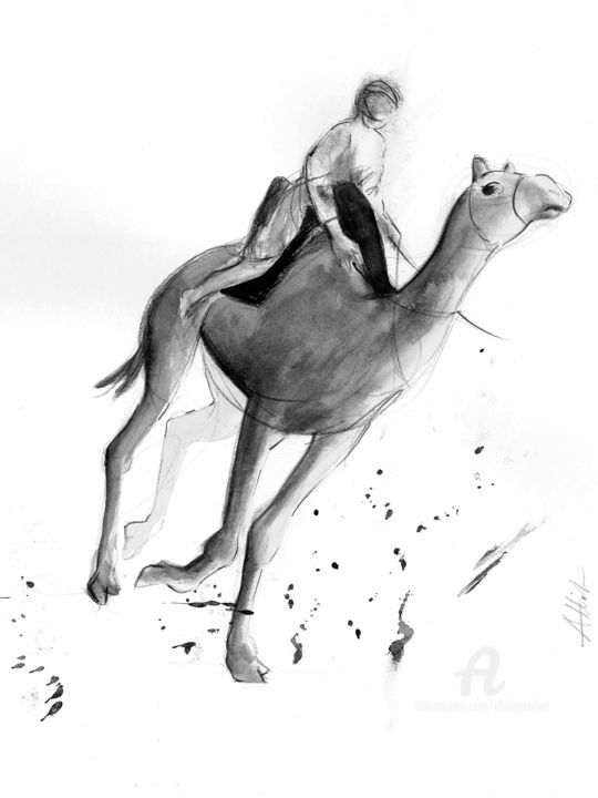 Drawing titled "La course 002" by Philippe Alliet, Original Artwork, Ink Mounted on Cardboard