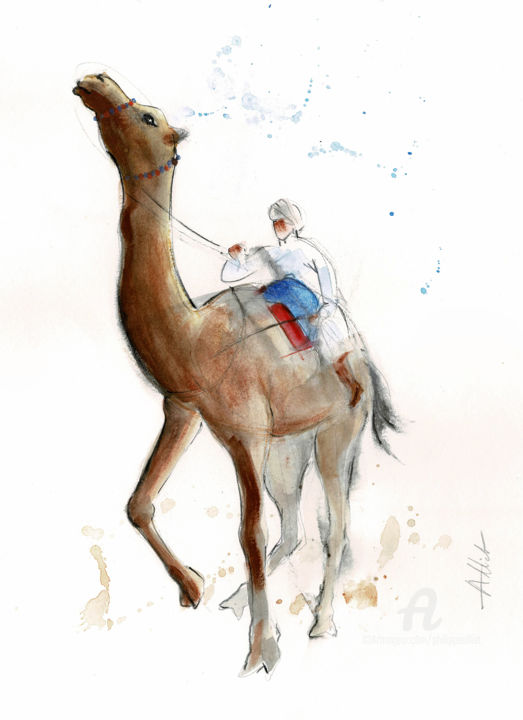 Drawing titled "Dromadaire 001" by Philippe Alliet, Original Artwork, Watercolor Mounted on Cardboard