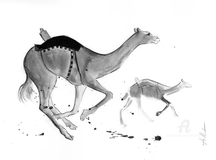 Drawing titled "La course 003" by Philippe Alliet, Original Artwork, Ink Mounted on Cardboard