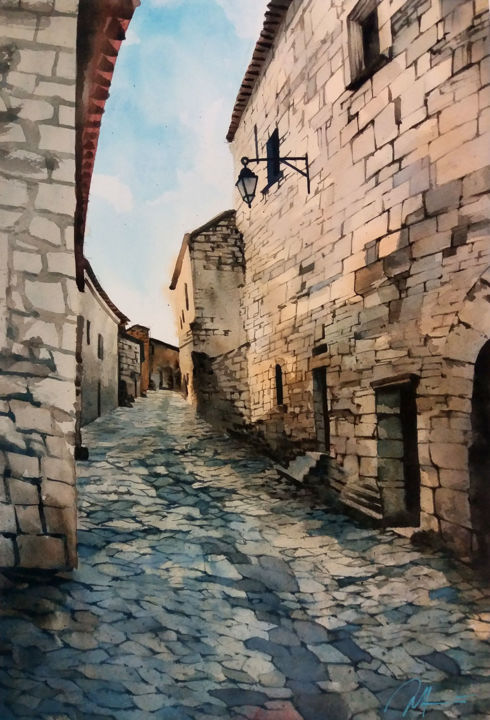 Painting titled "An alley of Gascogne" by Philippe Auger, Original Artwork, Watercolor