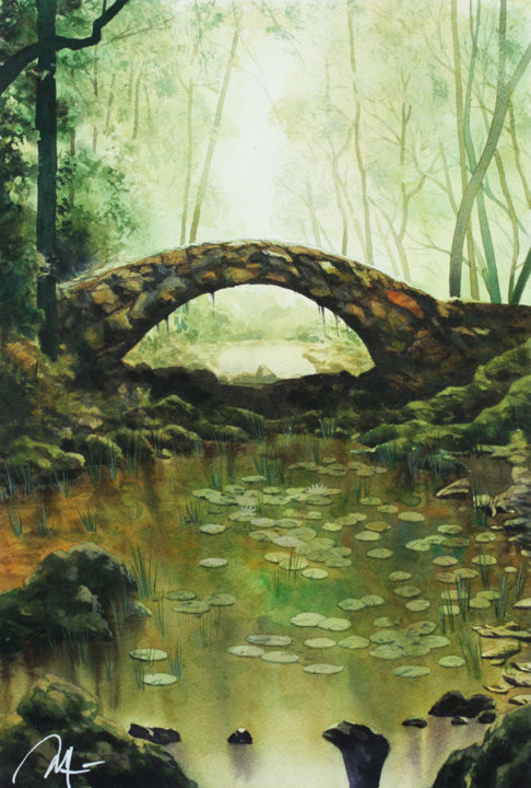 Painting titled "Small stone bridge" by Philippe Auger, Original Artwork, Watercolor