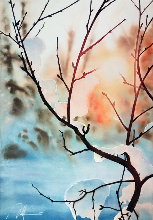 Painting titled "Branche neige" by Philippe Auger, Original Artwork, Watercolor