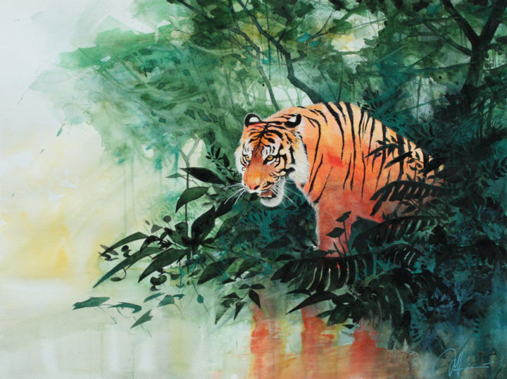 Painting titled "Tigre dans la jungle" by Philippe Auger, Original Artwork, Gouache