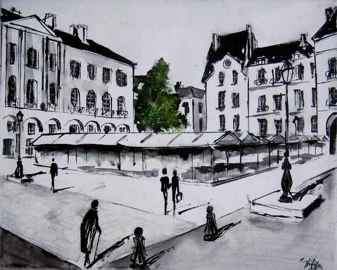 Peinture intitulée "La place du Bouffay…" par Philippe Blanchard, Œuvre d'art originale, Encre
