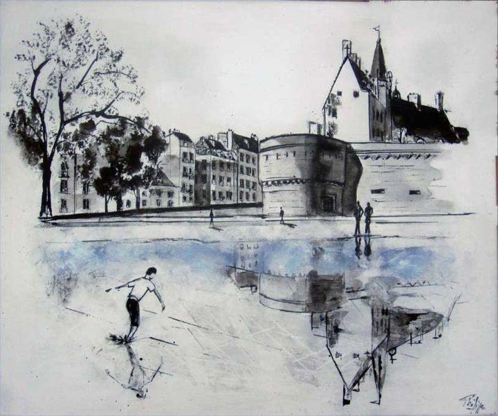 Schilderij getiteld "Le château des Ducs…" door Philippe Blanchard, Origineel Kunstwerk, Inkt