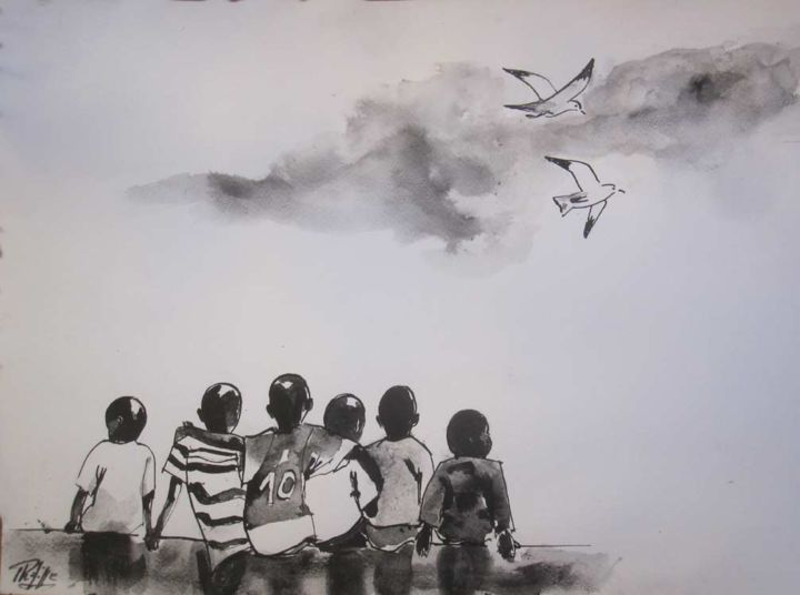 "Enfants d'Afrique" başlıklı Tablo Philippe Blanchard tarafından, Orijinal sanat, Mürekkep