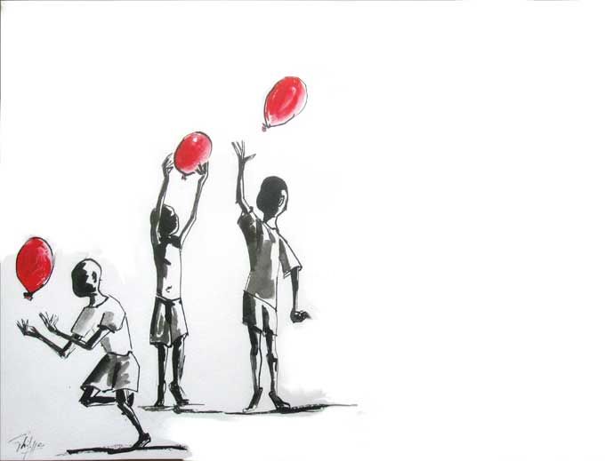 Peinture intitulée "Les  ballons rouges" par Philippe Blanchard, Œuvre d'art originale, Encre
