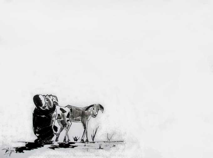Peinture intitulée "Scène de vie africa…" par Philippe Blanchard, Œuvre d'art originale, Encre
