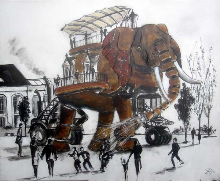 Peinture intitulée "L'éléphant de Nantes" par Philippe Blanchard, Œuvre d'art originale, Encre