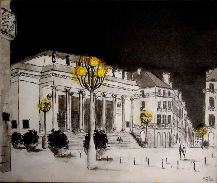 Painting titled "La place Graslin à…" by Philippe Blanchard, Original Artwork, Ink