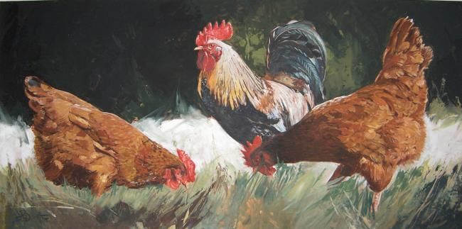 Malarstwo zatytułowany „2 poules rousses et…” autorstwa Philippe Bouvet, Oryginalna praca