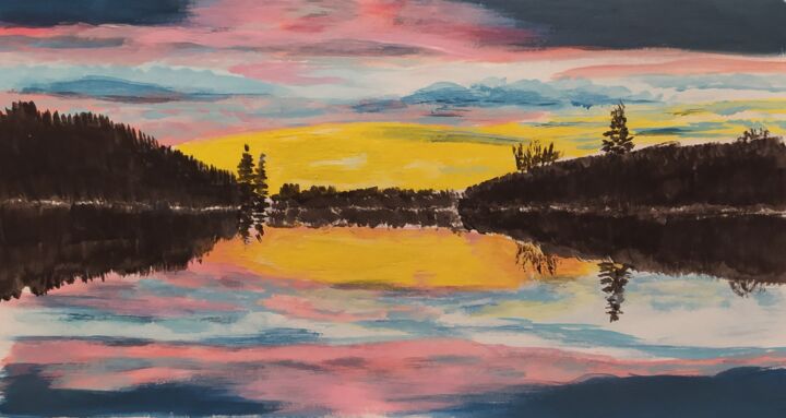 Painting titled "Soir lac des Sapins…" by Philippe Gonseth, Original Artwork, Acrylic