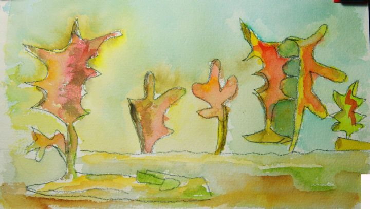 Peinture intitulée "les feuilles fêtent…" par Philip Moreau, Œuvre d'art originale, Aquarelle