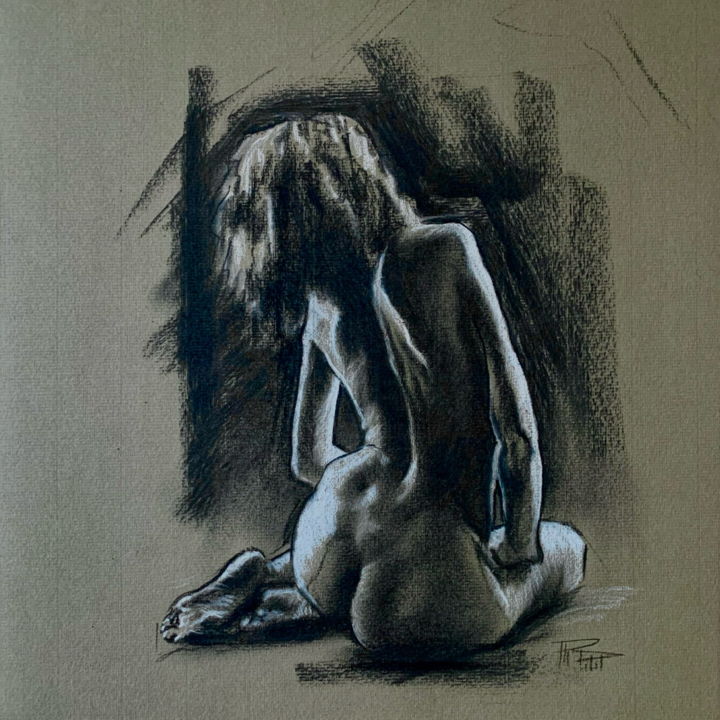 「Étude femme de dos」というタイトルの描画 Philippe Petitによって, オリジナルのアートワーク, 木炭