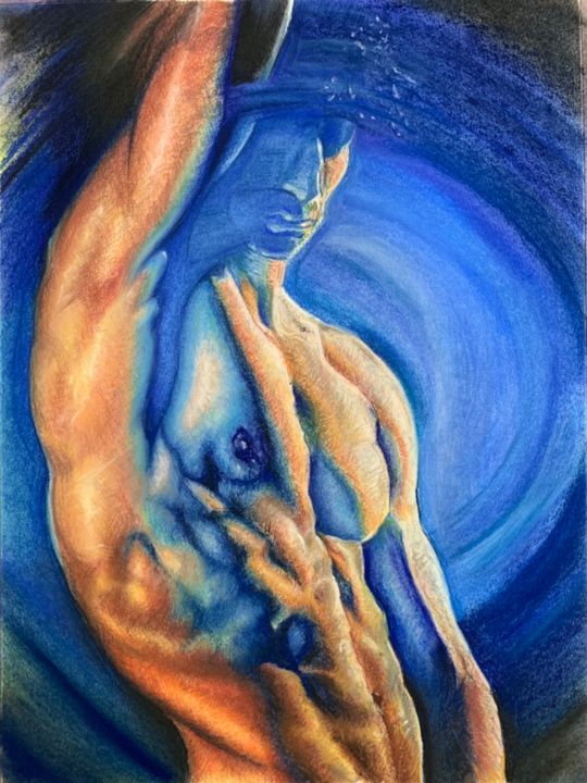 Dessin intitulée "Torso bleu" par Philippe Petit, Œuvre d'art originale, Pastel