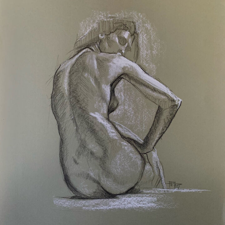 Drawing titled "Nu féminin assis de…" by Philippe Petit, Original Artwork, Charcoal