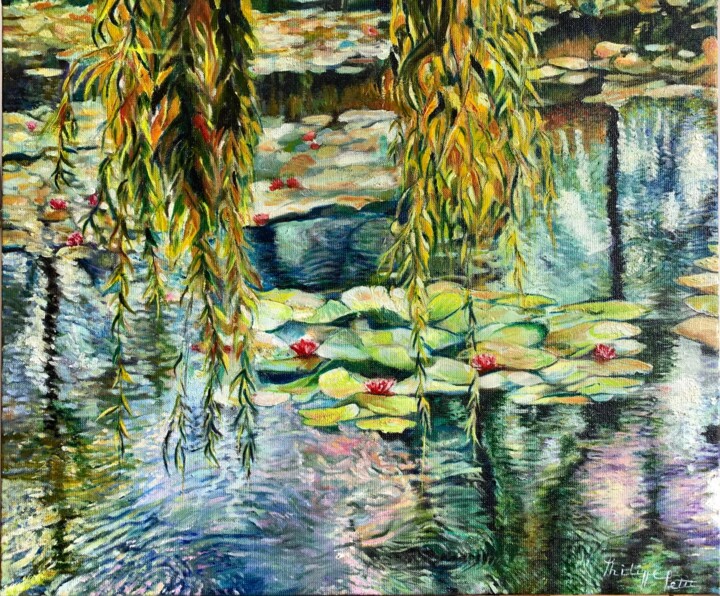 Pintura intitulada "Willow on lilies" por Philippe Petit, Obras de arte originais, Óleo