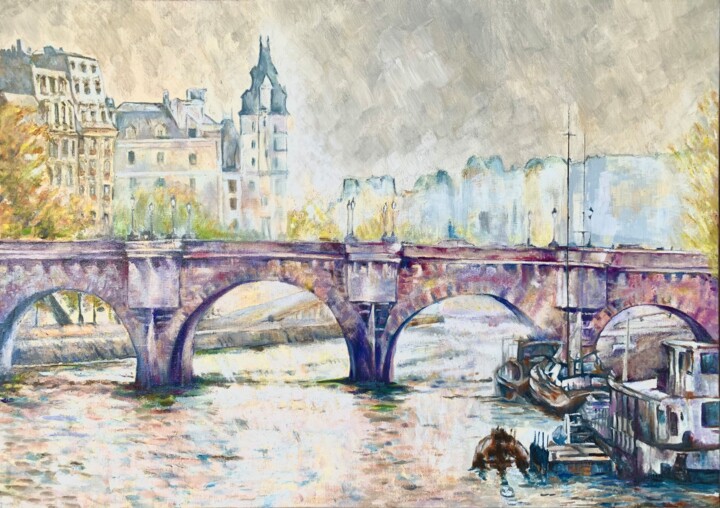 Painting titled "Pont Neuf automnal" by Philippe Petit, Original Artwork, Oil Mounted on Wood Stretcher frame