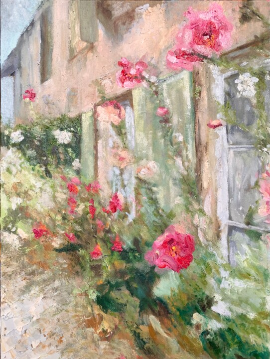 Painting titled "Roses trémières à S…" by Philippe Petit, Original Artwork, Oil Mounted on Cardboard