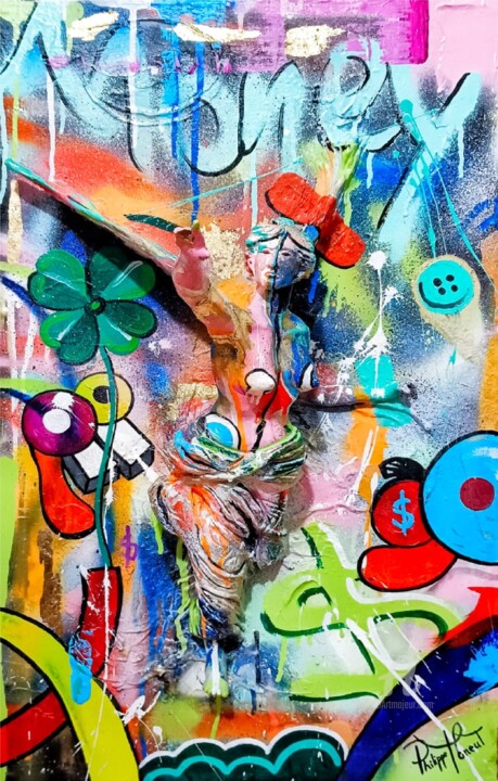 Sculpture titled "Colorful Angel" by Philippe Toneut, Original Artwork, Clay Mounted on Wood Panel