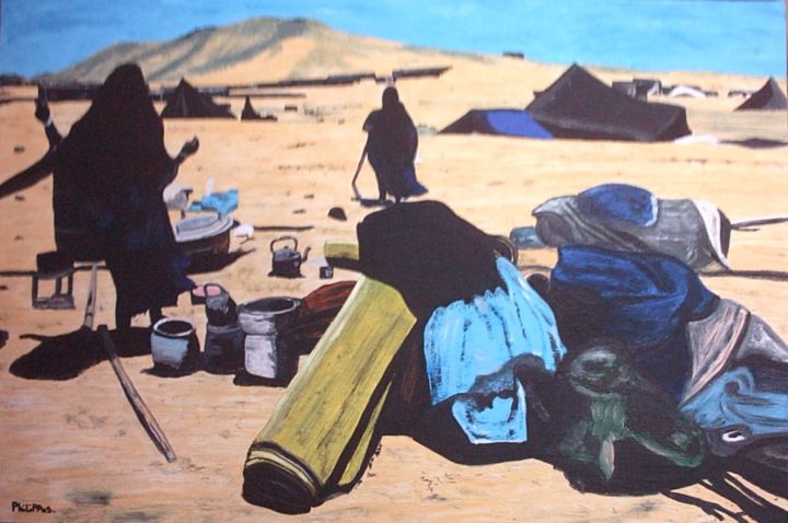 Peinture intitulée "ref-64-7 Campement…" par Philippus, Œuvre d'art originale, Huile