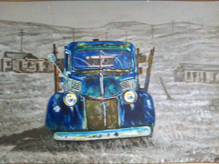Painting titled "Old Blue" by Phillip Matthews, Original Artwork, Oil Mounted on Wood Panel