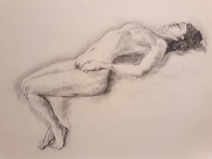 Drawing titled "Pose sur le dos" by Philms, Original Art, Charcoal