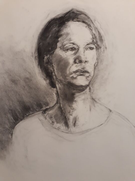 Drawing titled "Regard au loin..." by Philms, Original Artwork, Charcoal