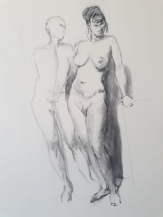 Disegno intitolato "Adam et Ève - Adam…" da Philms, Opera d'arte originale, Carbone