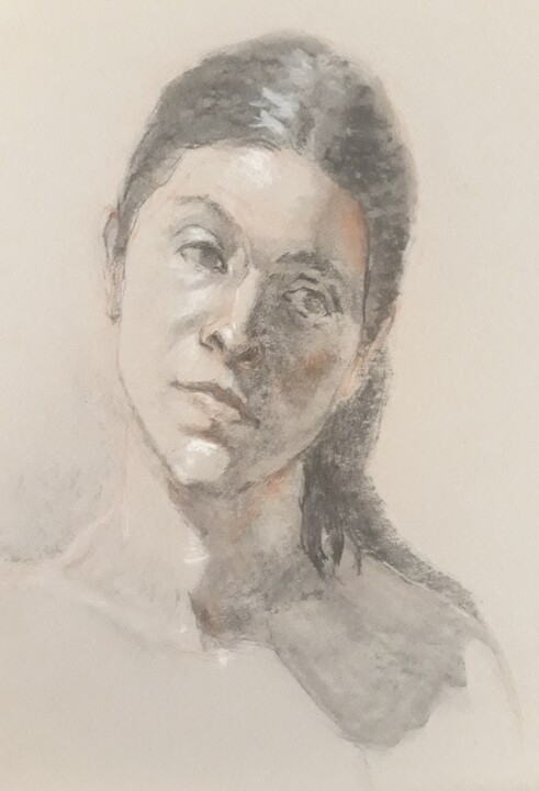 Drawing titled "Portrait - Diagonale" by Philms, Original Artwork, Charcoal