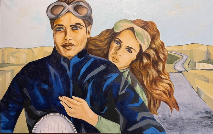Painting titled "Motorbike couple" by Phoenix Conte, Original Artwork, Oil Mounted on Wood Stretcher frame